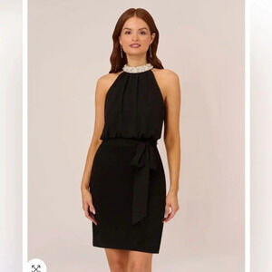 Adrianna Papell Black Halter Sheath Dress with Embellished Neckline